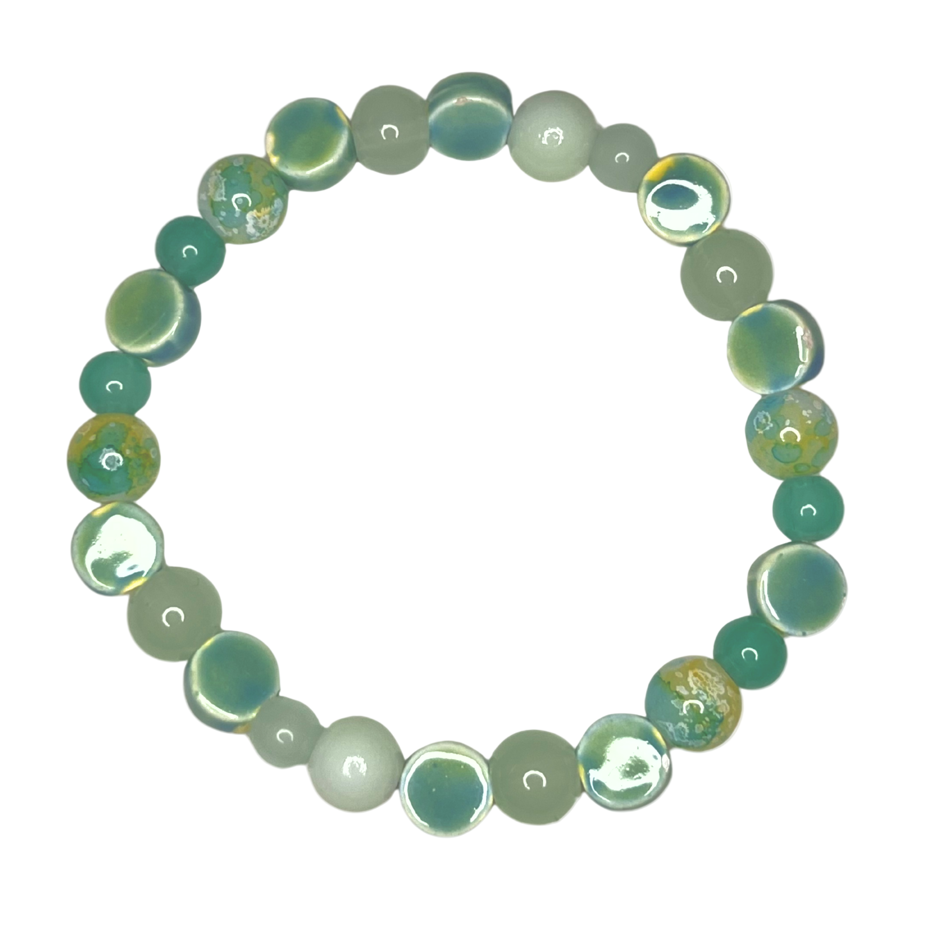 Green beaded bracelet on a white background